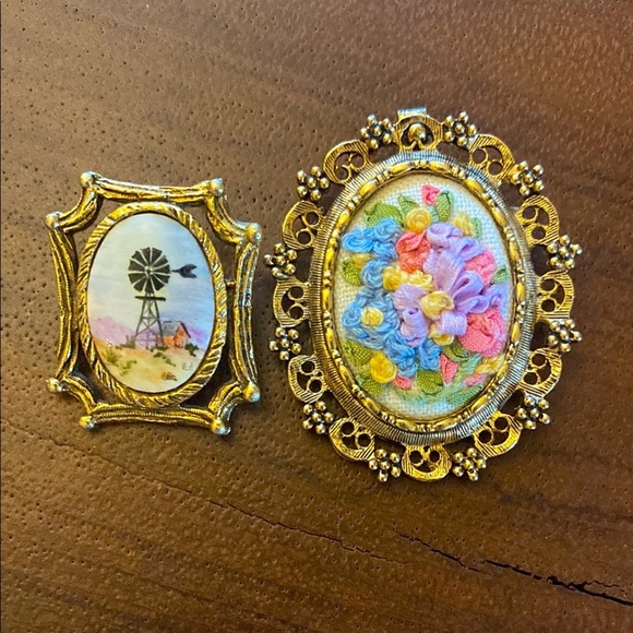 2 Broaches- one hand embroidered! Beautiful with multicolor florals. - Picture 1 of 5